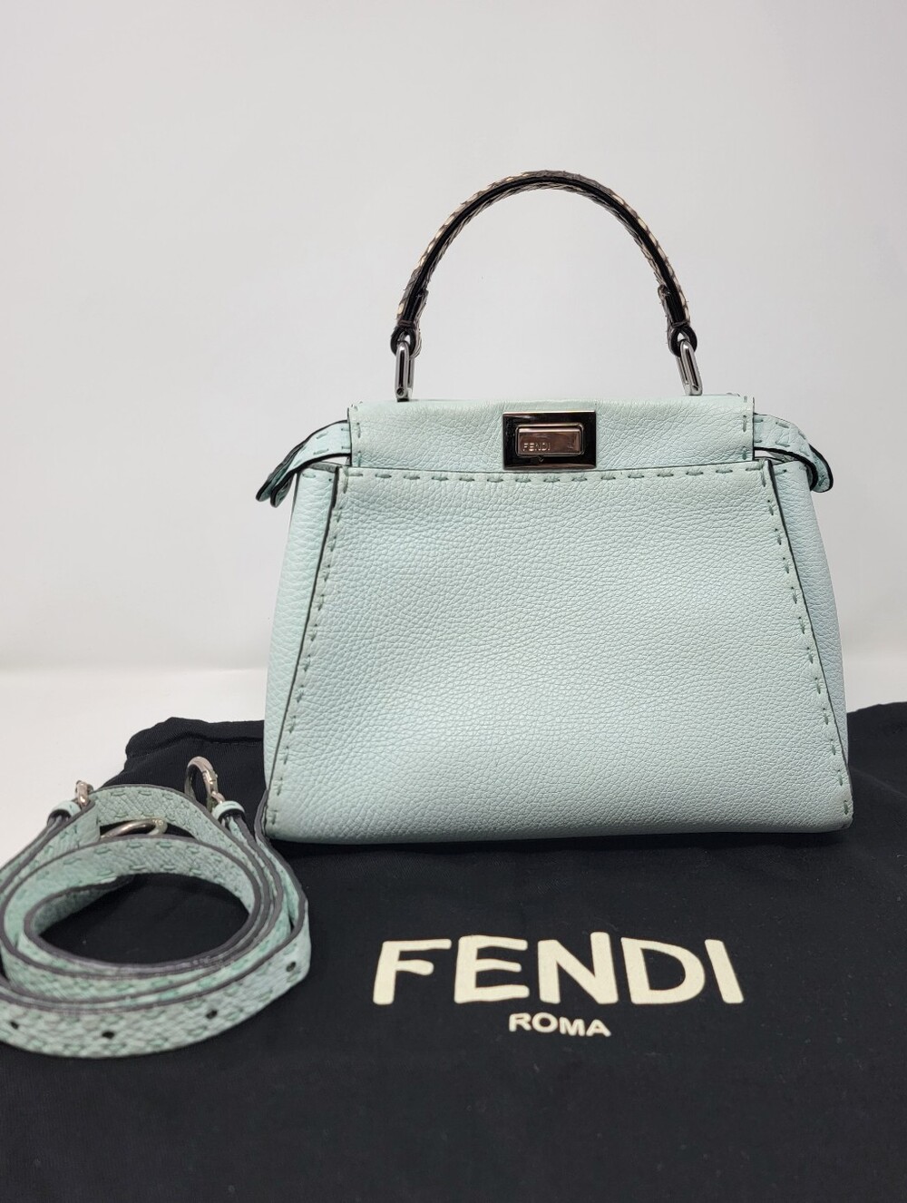 FENDI Peekaboo Selleria Mini 2 Way Bag with Python Skin Top Handle